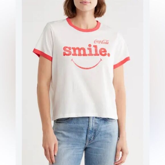 The Laundry Room Coca Cola Smile Graphic Ringer T-Shirt NWT - Picture 2 of 9